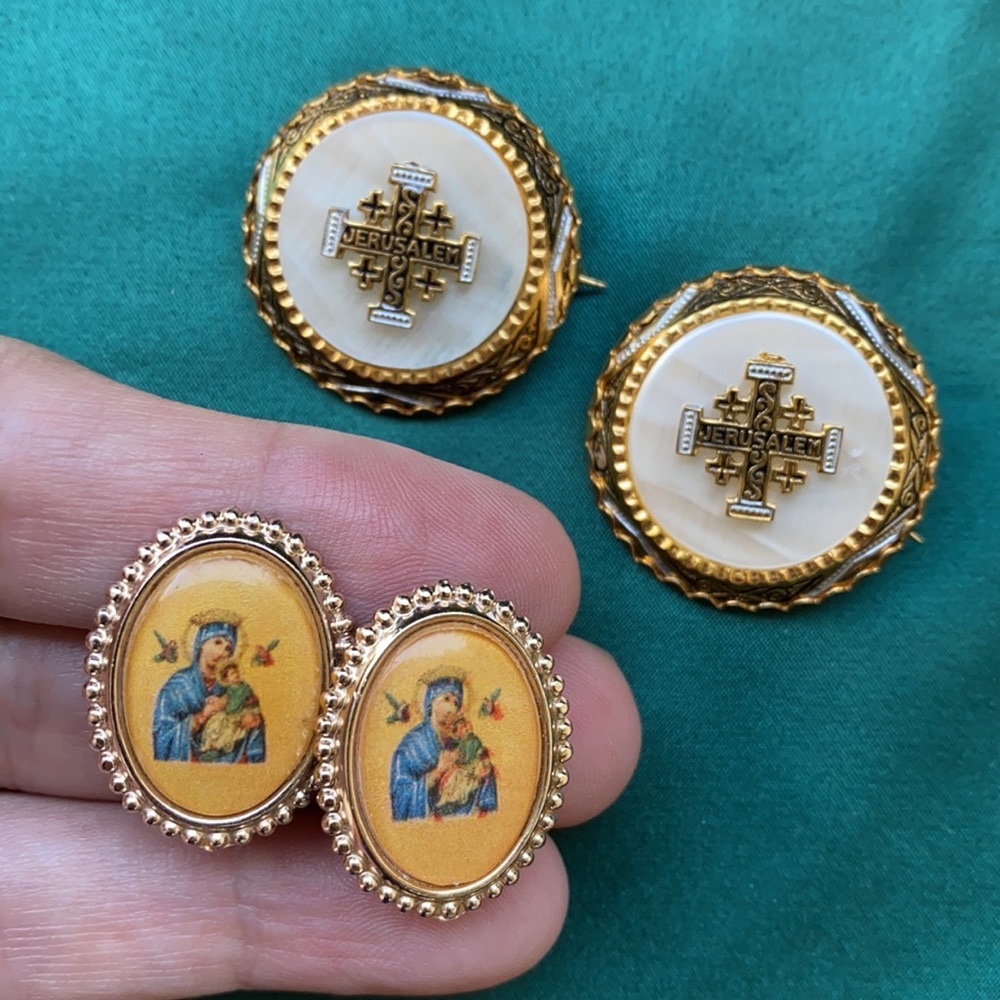 Vintage Clip Earrings with 2 Jerusalem-cross Brooches